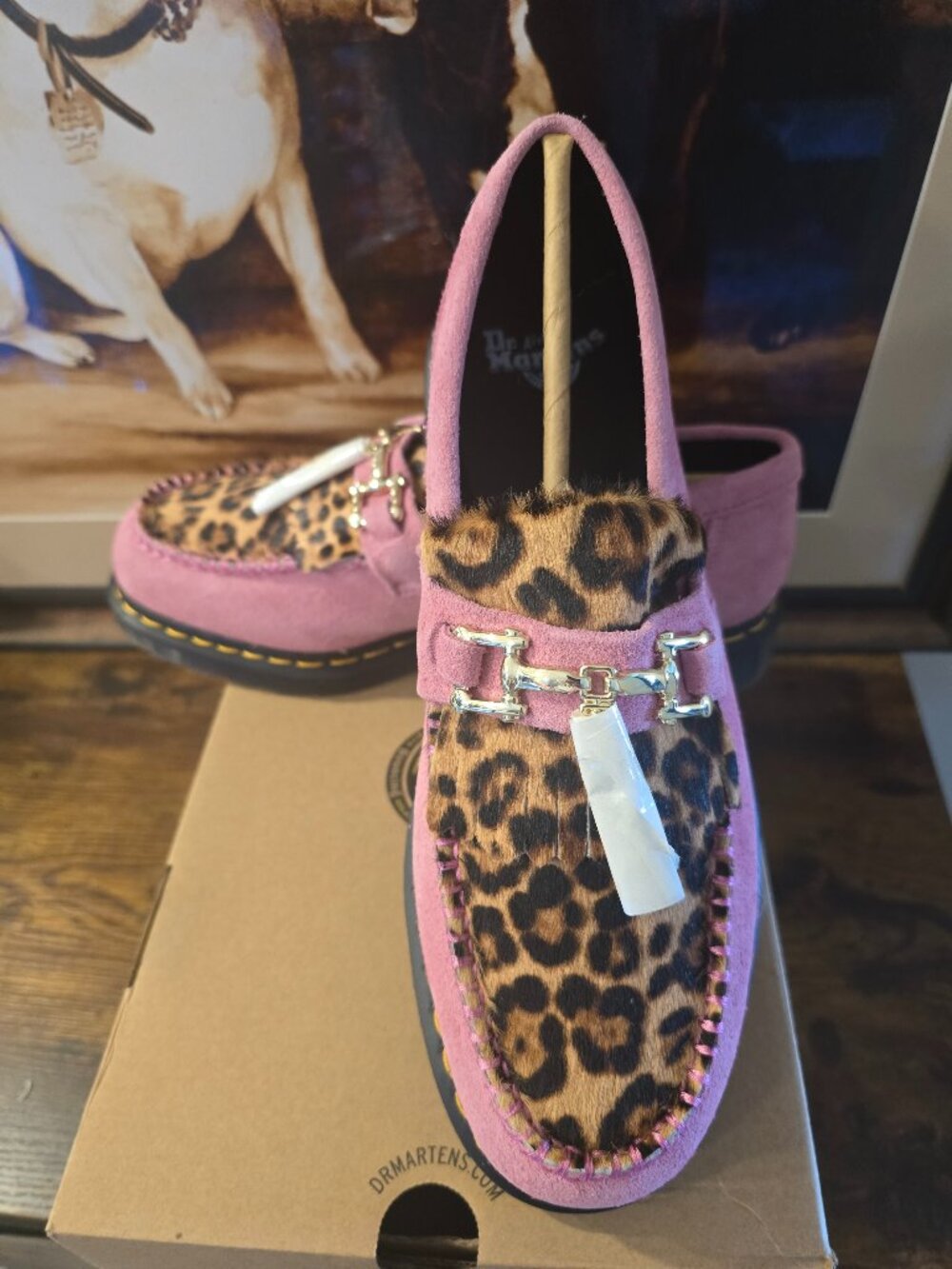 Dr. Martens Adrian Hair-On Leopard Snaffle Loafers Fondant Pink 31508099 Mens 10 - Picture 1 of 16